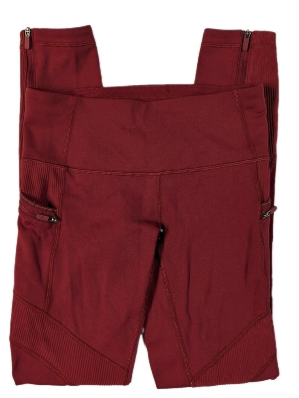 Lululemon Size 4 Fleece Lined Leggings Burgundy Ribbed Zip Pockets Ankle Zippers